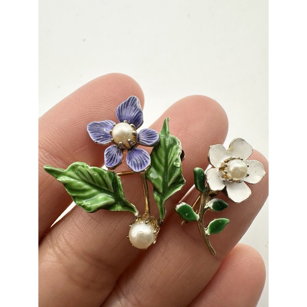 Vintage Enamel Faux Pearl Flower Pin Brooch Lot
